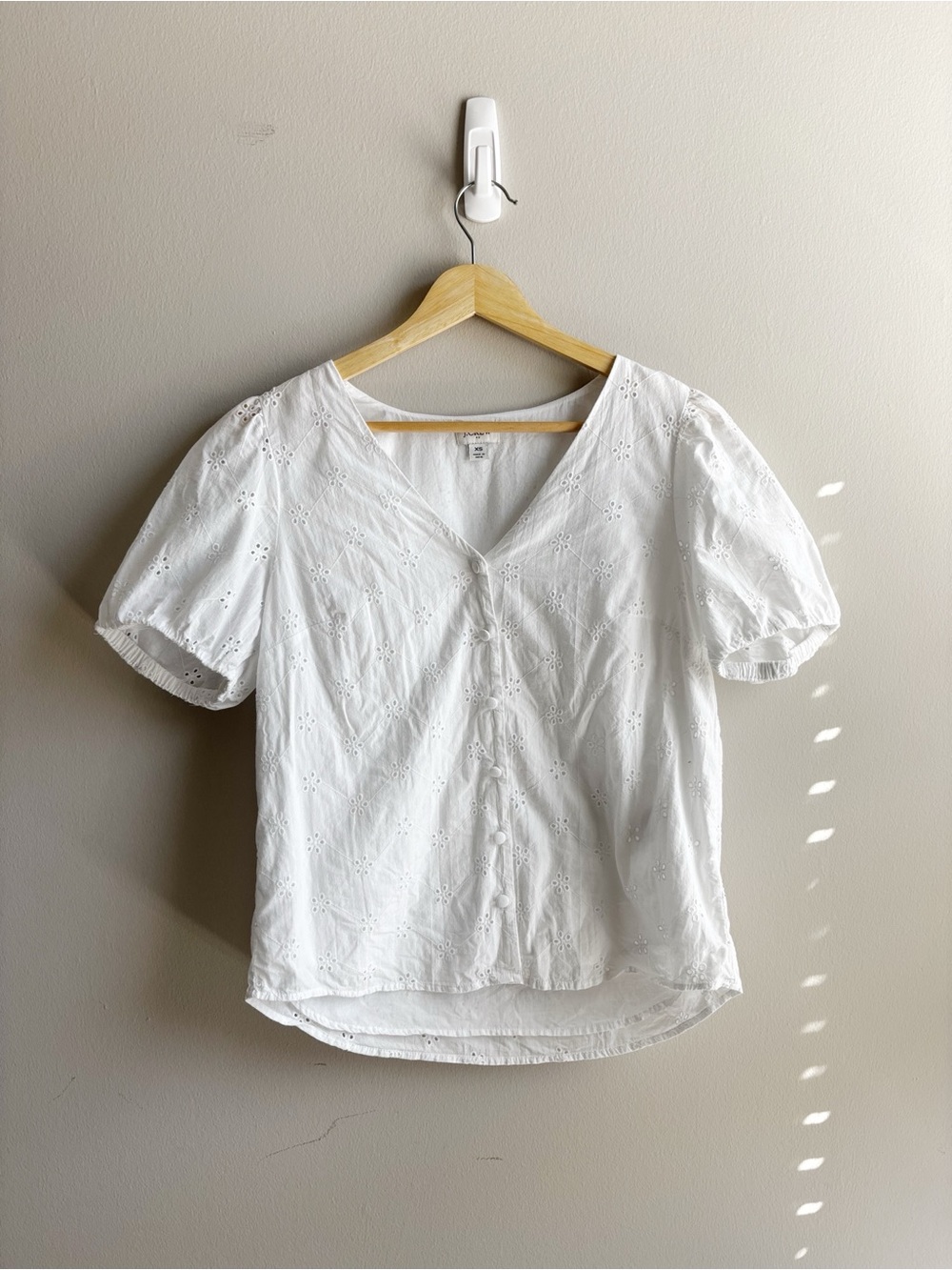 J. Crew White Eyelet V-Neck Puff Sleeve Blouse